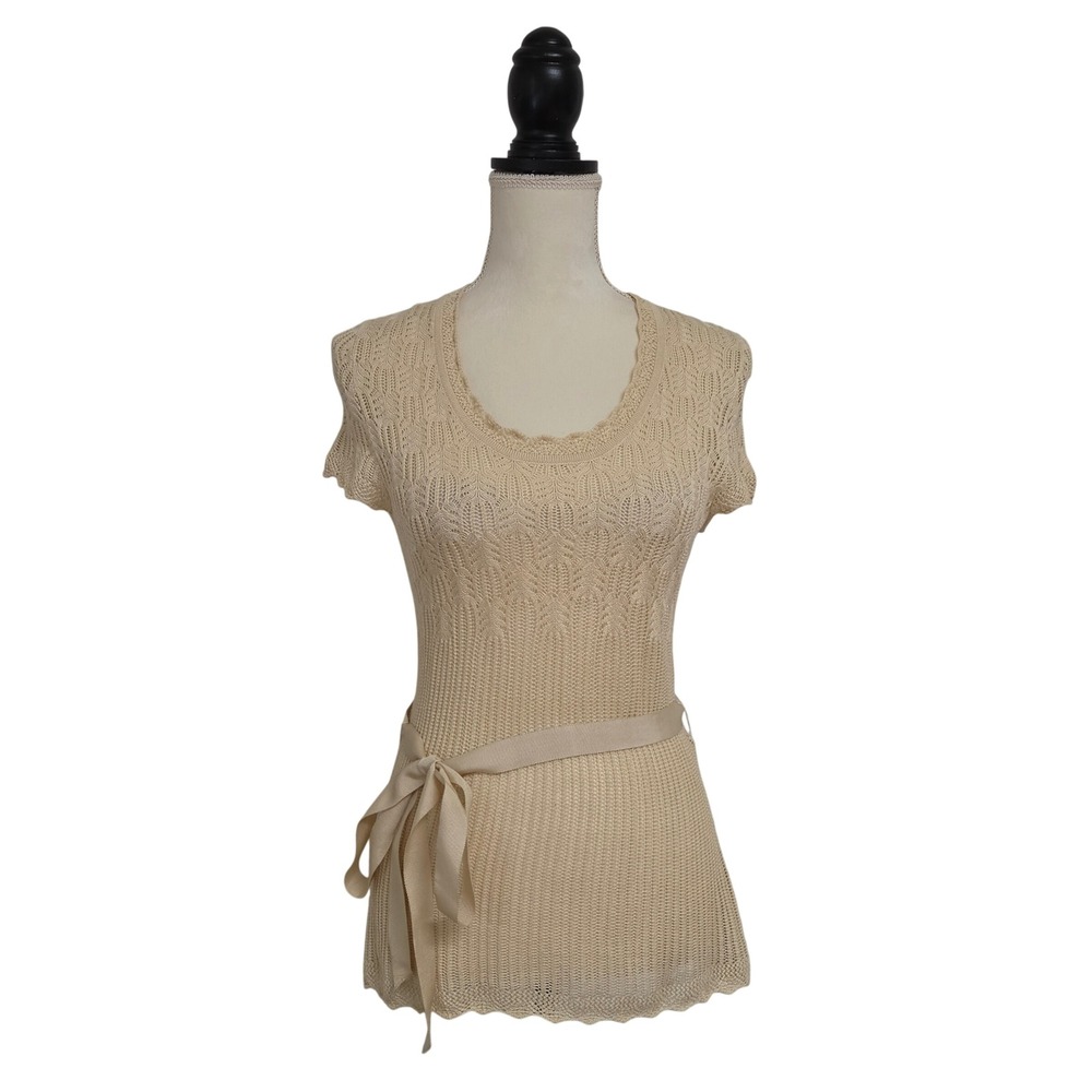 Badgley Mischka Beige Sheer Crochet Scalloped Belted Top Size S Romantic Boho